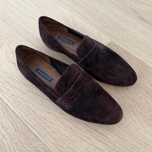 Margaux Women’s chocolate brown suede “The Penny” loafers, 39.5